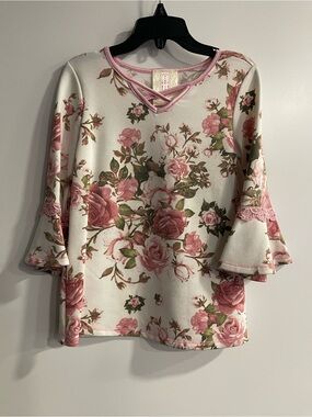 New Pink Vanilla Floral Pink Bell-Sleeve Girl’s Top - Soft Cream Background
